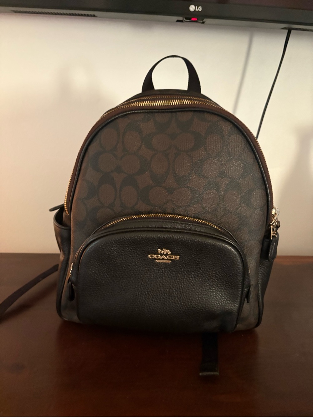 Coach Brown Signature Mini Backpack with Black Leather Trim